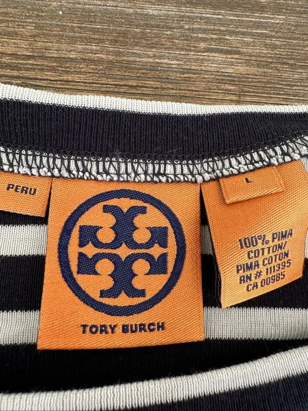 Tory Burch Striped Long Sleeve Tee Navy White Crest Shoulder Button Top L